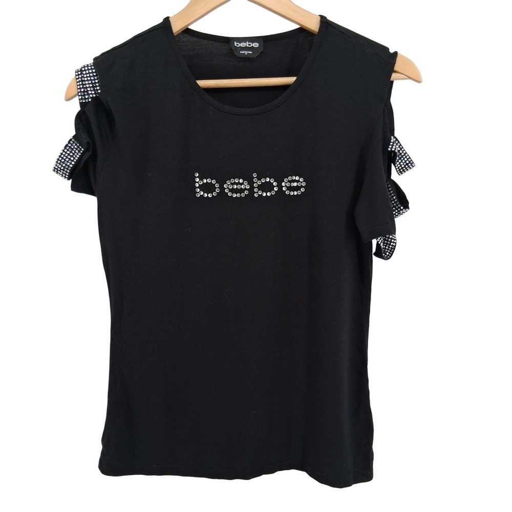 Bebe Y2K Rhinestone Logo Cutout Cold Shoulder Strap Sleeve Black Top Womens Sz M